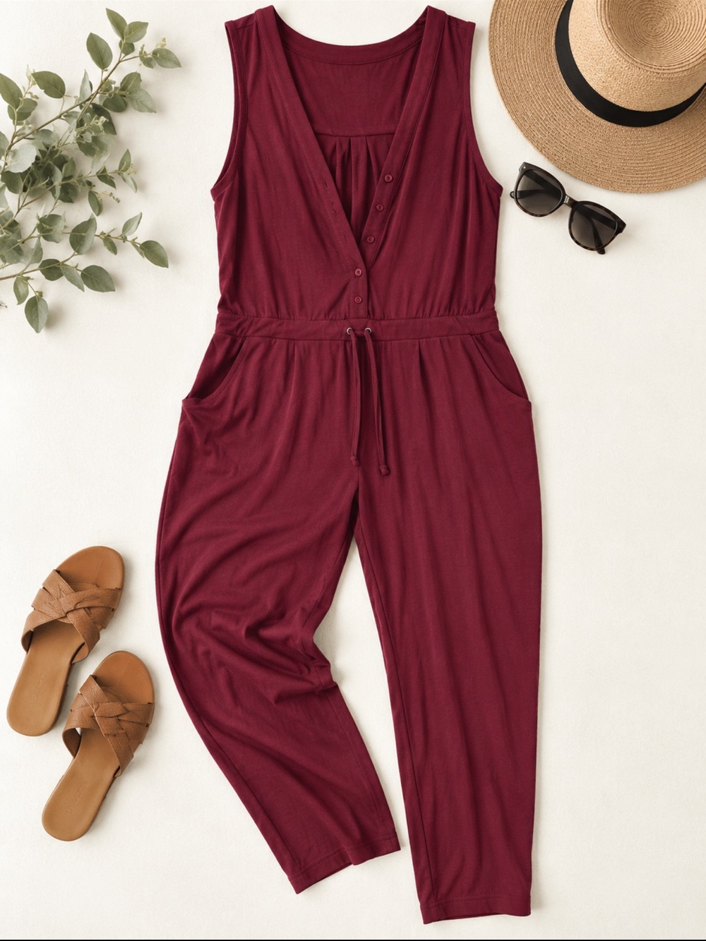 Reitmans Sleeveless V-Neck jumpsuit in Burgundy